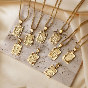 Gold Initial Necklace with Textured Rectangle Pendant – Personalized Stainless Steel Jewelry for Women