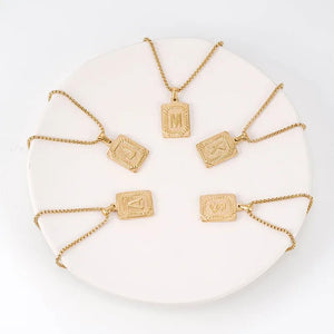 Gold Initial Necklace with Textured Rectangle Pendant – Personalized Stainless Steel Jewelry for Women