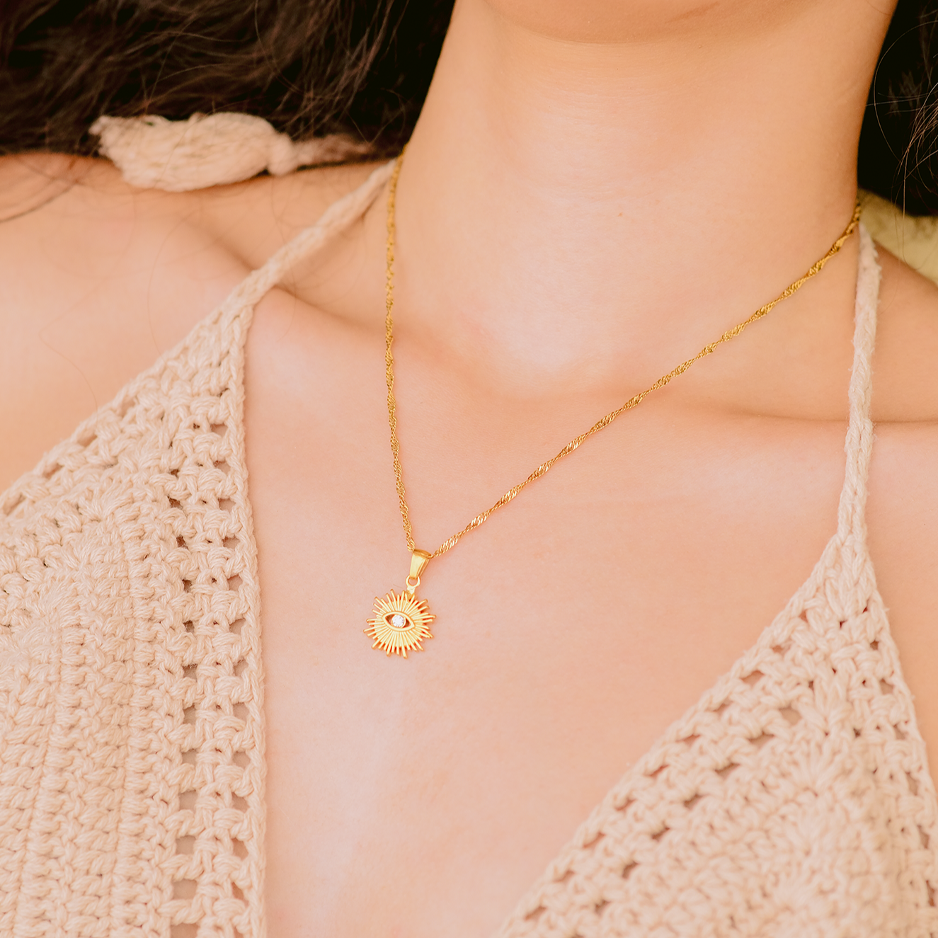 Gold Necklace with Sun Pendant - Waterproof 18k Gold-Plated Chain Jewelry for Women