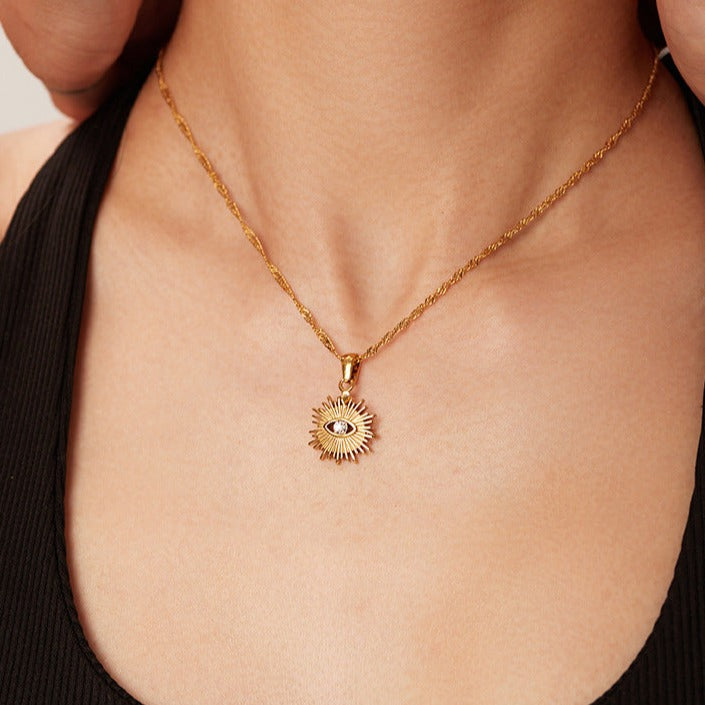 Gold Necklace with Sun Pendant - Waterproof 18k Gold-Plated Chain Jewelry for Women