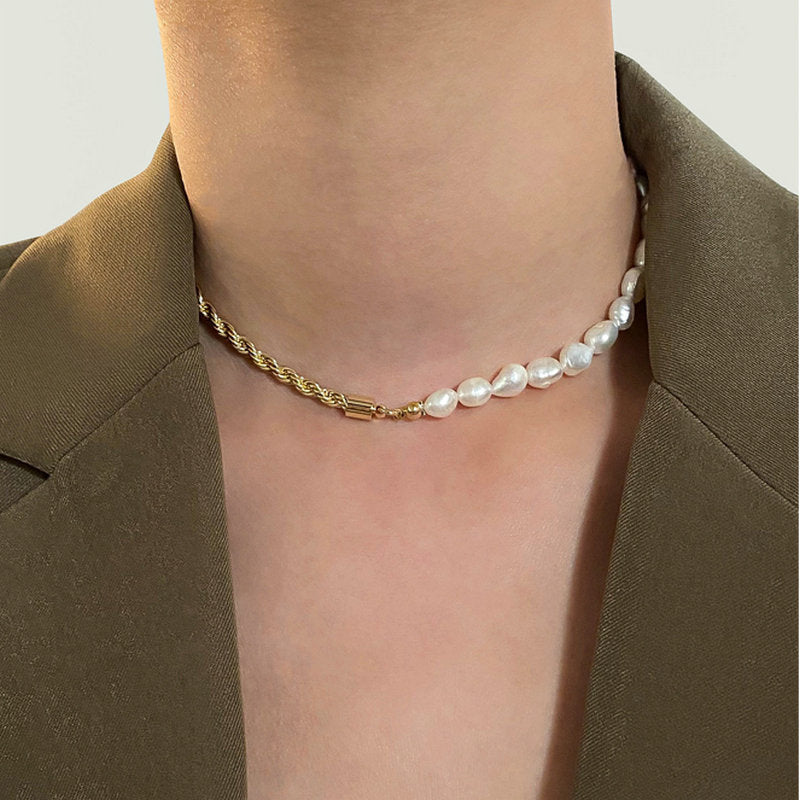 Gold Pearl Necklace with Freshwater Pearls – 18k Gold Chain, Adjustable Length 18-22 Inches, Elegant Women's Jewelry