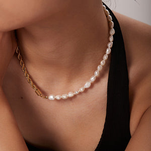 Gold Pearl Necklace with Freshwater Pearls – 18k Gold Chain, Adjustable Length 18-22 Inches, Elegant Women's Jewelry