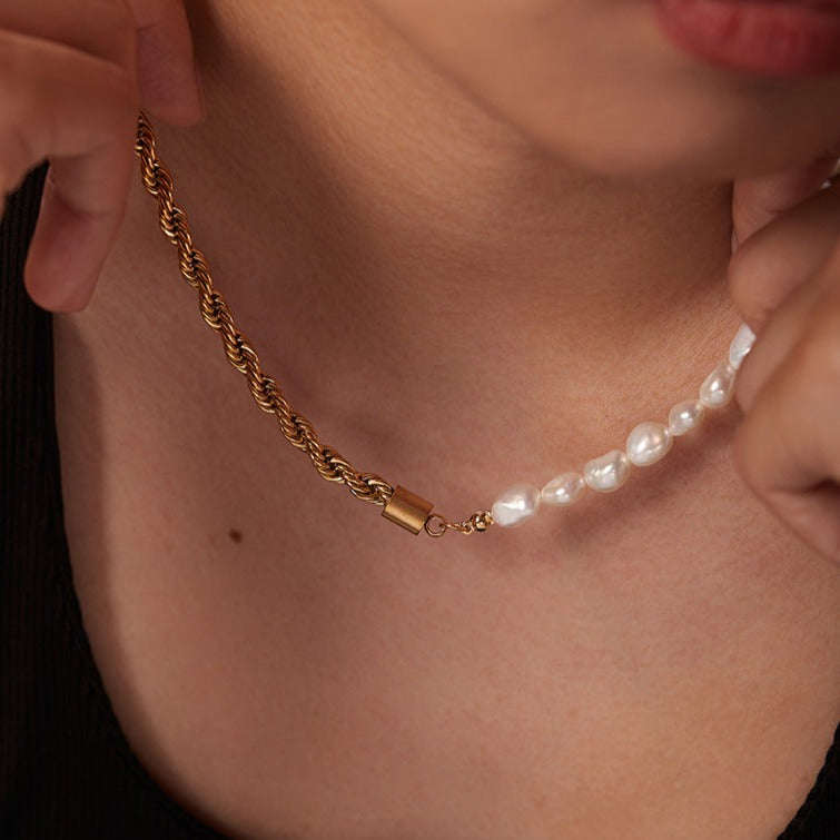 Gold Pearl Necklace with Freshwater Pearls – 18k Gold Chain, Adjustable Length 18-22 Inches, Elegant Women's Jewelry