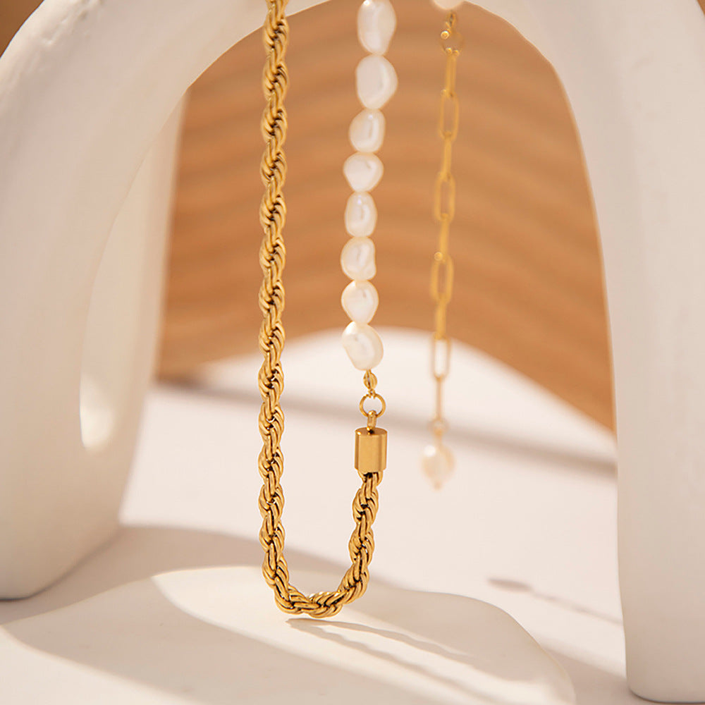 Gold Pearl Necklace with Freshwater Pearls – 18k Gold Chain, Adjustable Length 18-22 Inches, Elegant Women's Jewelry