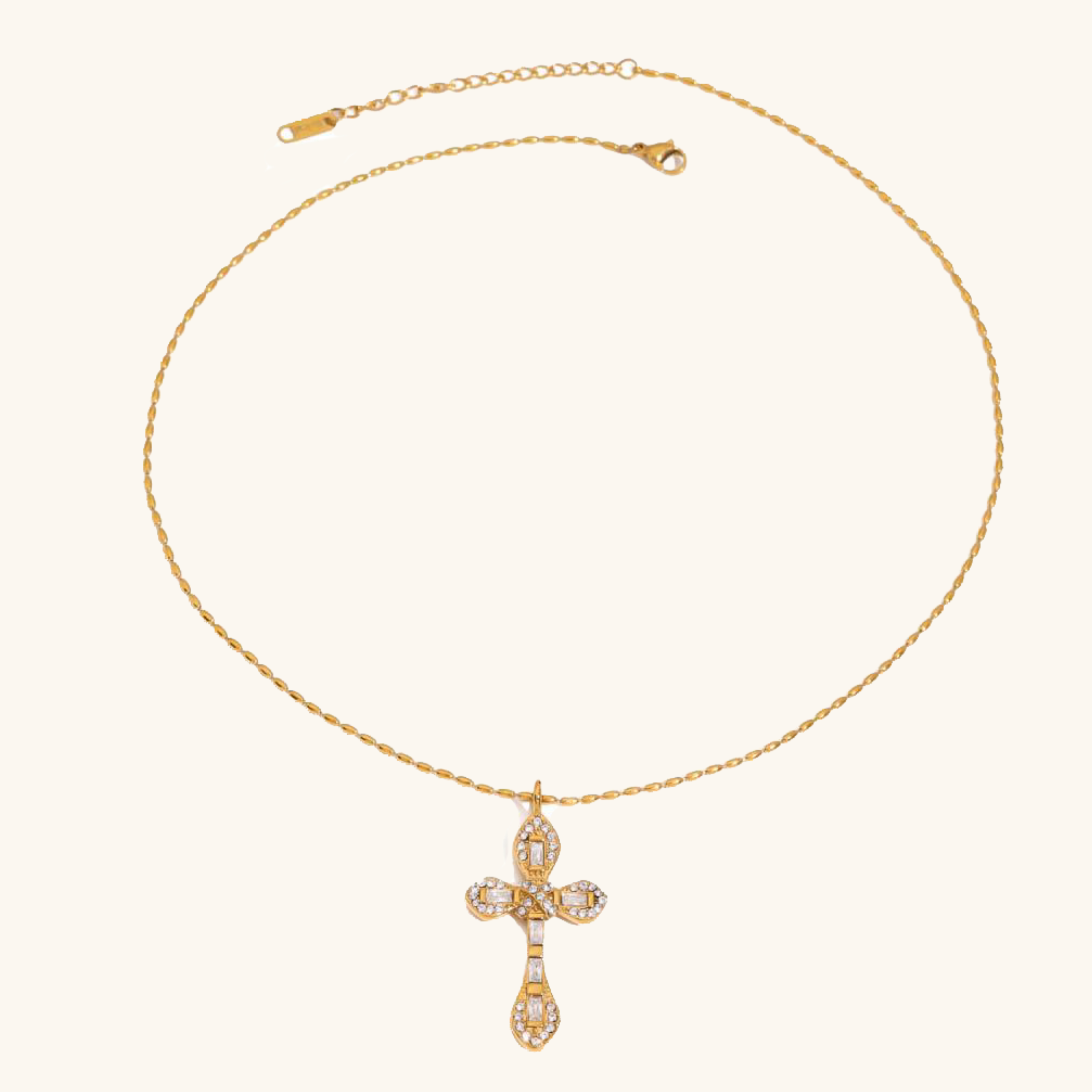 Gold Plated Diamond Crucifix Necklace for Women – Hypoallergenic Stainless Steel, 16-Inch with 2-Inch Extension