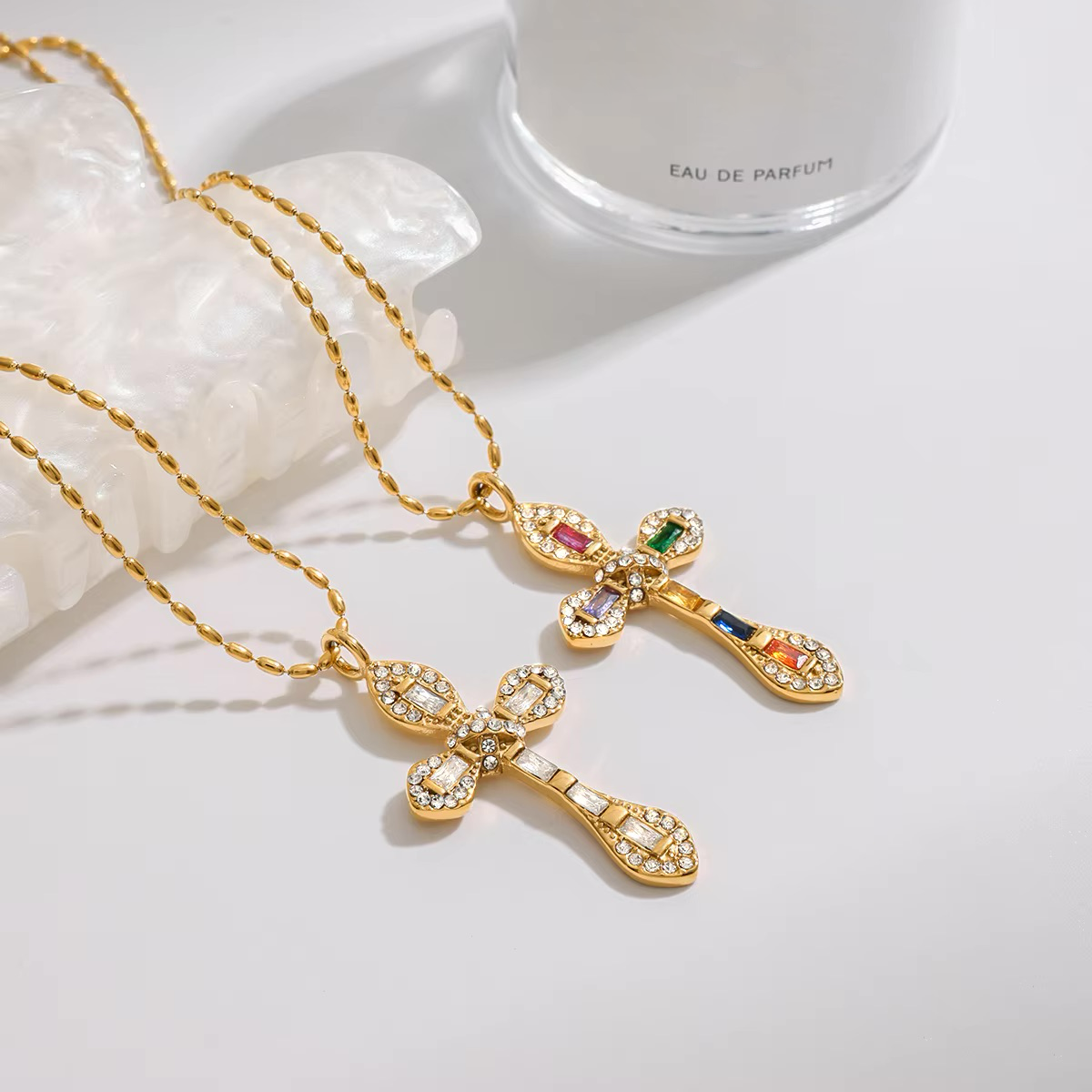 Gold Plated Diamond Crucifix Necklace for Women – Hypoallergenic Stainless Steel, 16-Inch with 2-Inch Extension