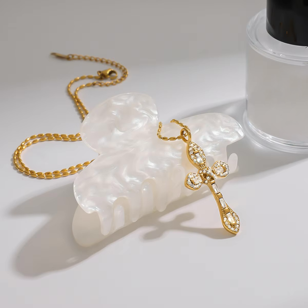 Gold Plated Diamond Crucifix Necklace for Women – Hypoallergenic Stainless Steel, 16-Inch with 2-Inch Extension