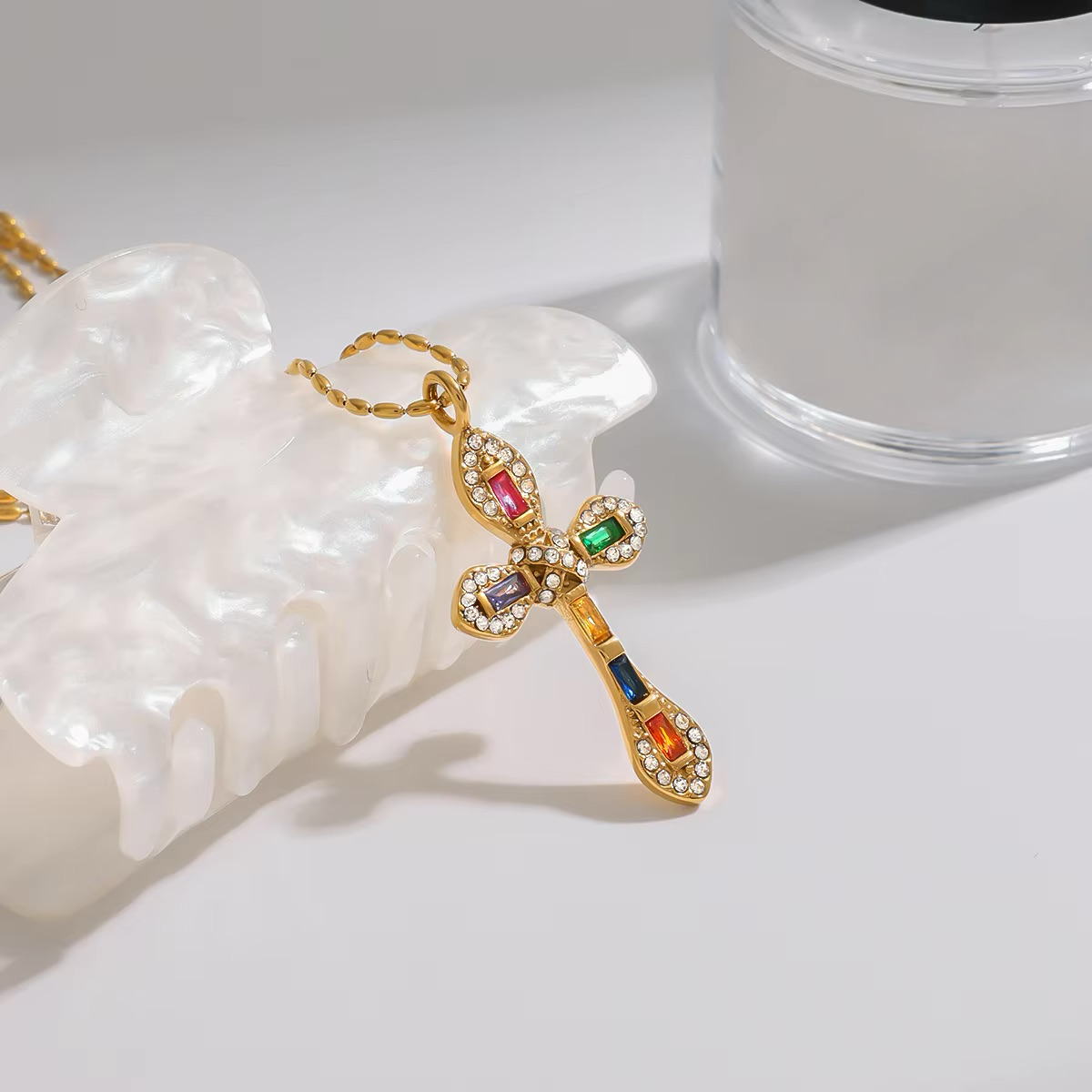 Gold Plated Diamond Crucifix Necklace for Women – Hypoallergenic Stainless Steel, 16-Inch with 2-Inch Extension