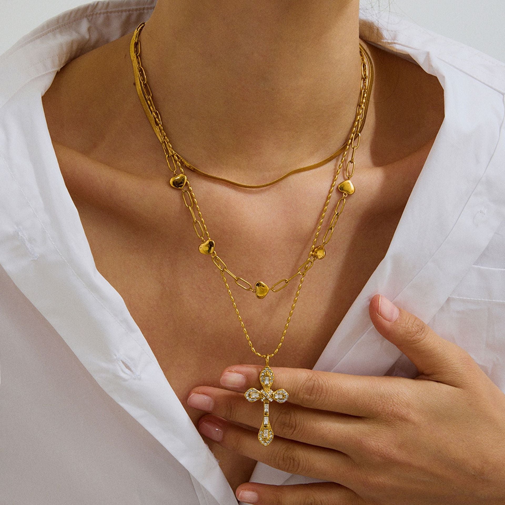 Gold Plated Diamond Crucifix Necklace for Women – Hypoallergenic Stainless Steel, 16-Inch with 2-Inch Extension