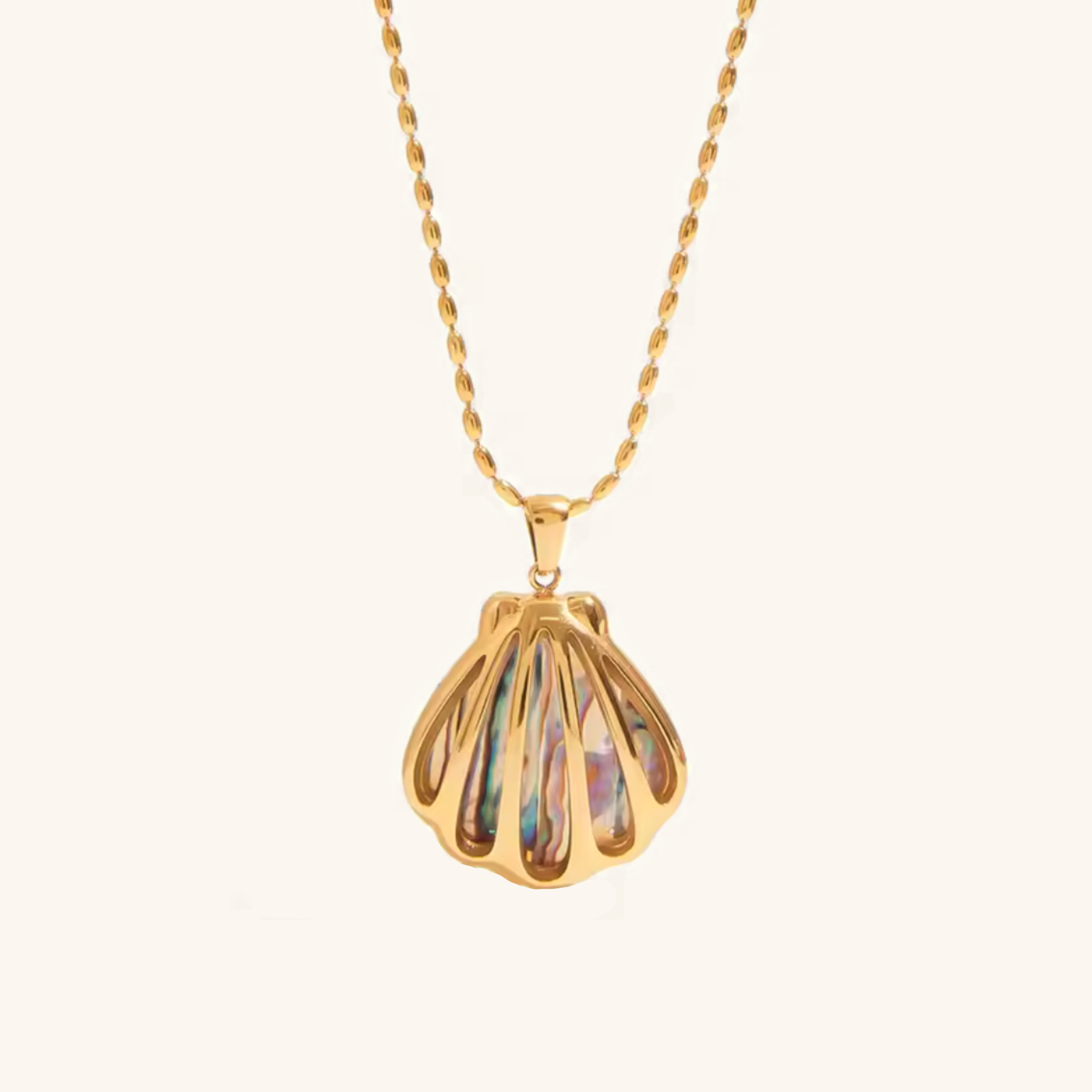 Gold Seashell Pendant Necklace with Opal Shimmer – Waterproof, Hypoallergenic Stainless Steel Jewelry for Women, 18-Inch Length