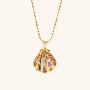 Gold Seashell Pendant Necklace with Opal Shimmer – Waterproof, Hypoallergenic Stainless Steel Jewelry for Women, 18-Inch Length