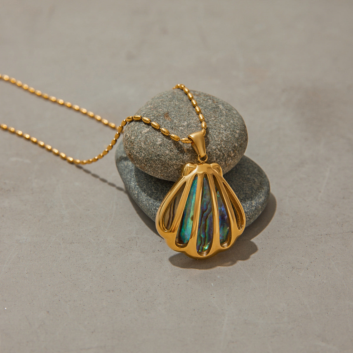 Gold Seashell Pendant Necklace with Opal Shimmer – Waterproof, Hypoallergenic Stainless Steel Jewelry for Women, 18-Inch Length