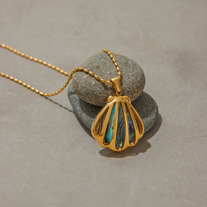Gold Seashell Pendant Necklace with Opal Shimmer – Waterproof, Hypoallergenic Stainless Steel Jewelry for Women, 18-Inch Length