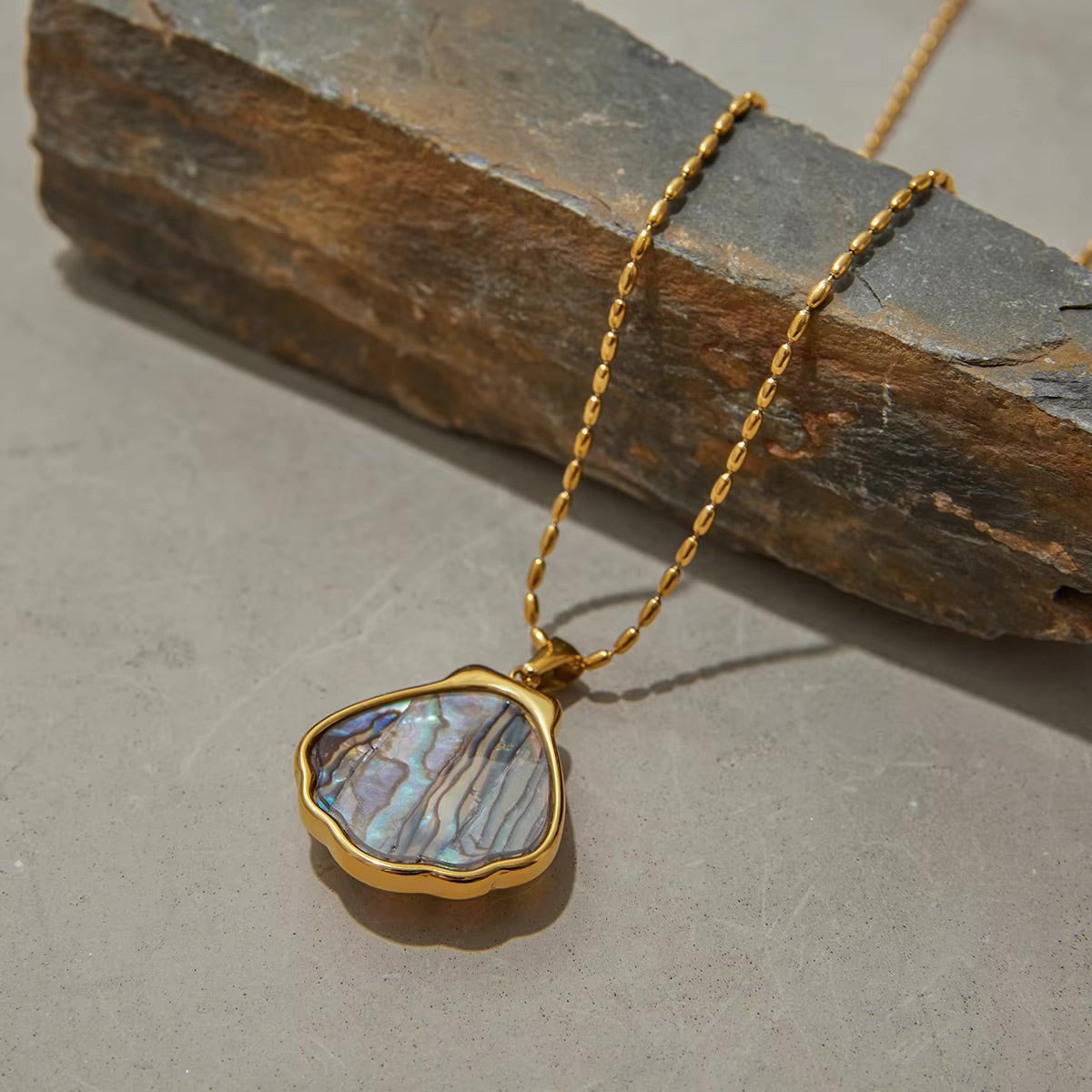 Gold Seashell Pendant Necklace with Opal Shimmer – Waterproof, Hypoallergenic Stainless Steel Jewelry for Women, 18-Inch Length
