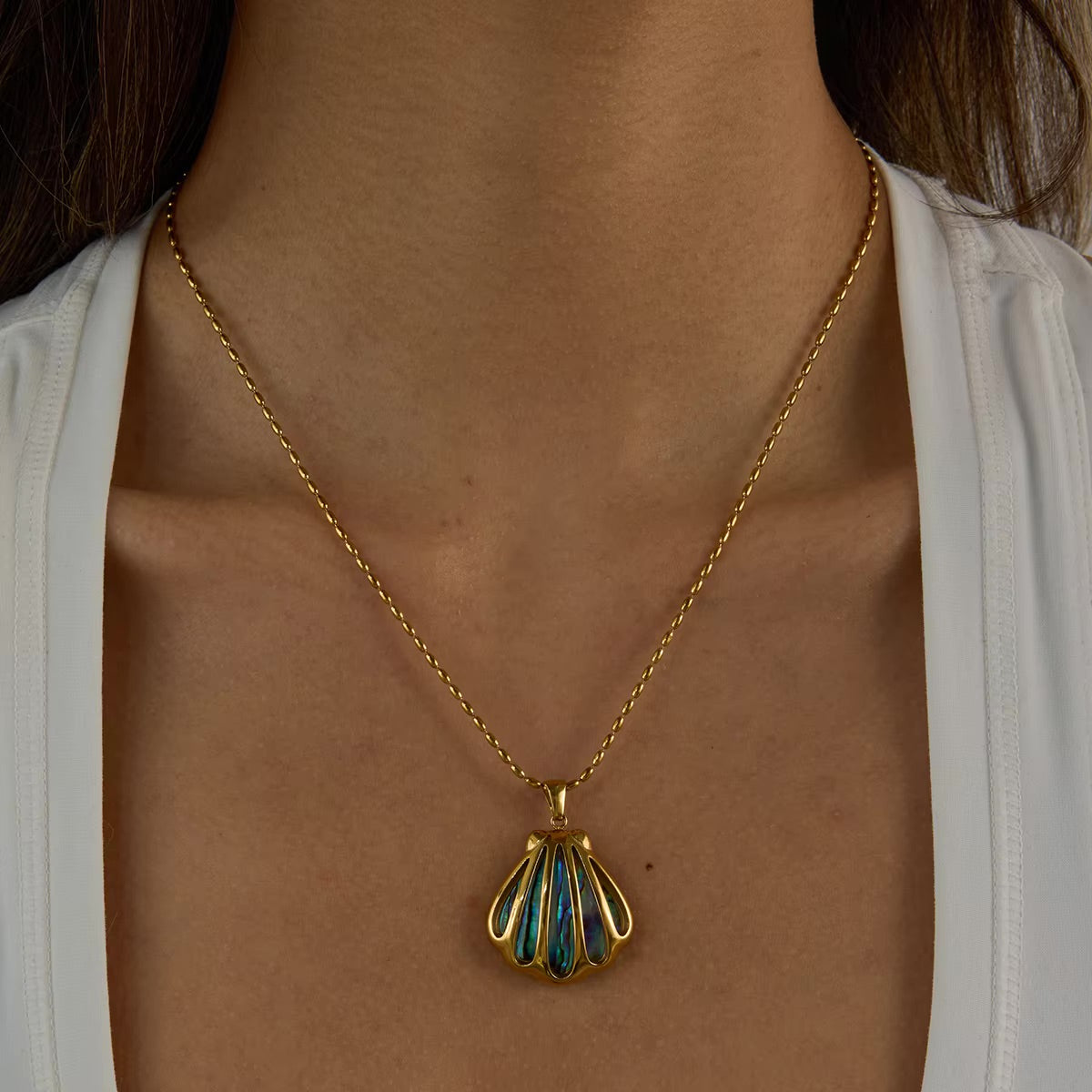 Gold Seashell Pendant Necklace with Opal Shimmer – Waterproof, Hypoallergenic Stainless Steel Jewelry for Women, 18-Inch Length