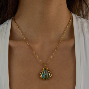 Gold Seashell Pendant Necklace with Opal Shimmer – Waterproof, Hypoallergenic Stainless Steel Jewelry for Women, 18-Inch Length