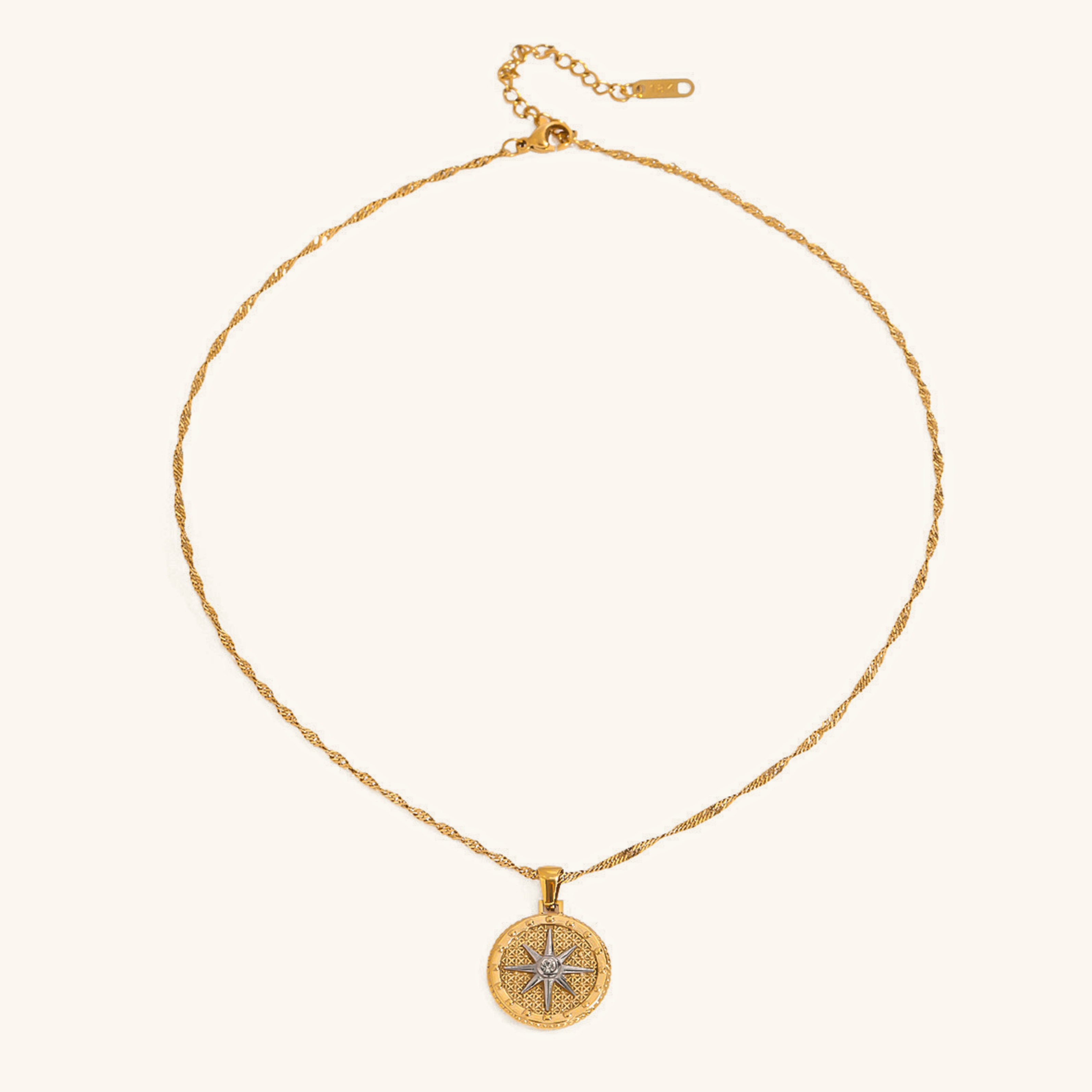 Gold Star Pendant Necklace with Textured Design – Waterproof, Hypoallergenic Stainless Steel, 16-Inch Length