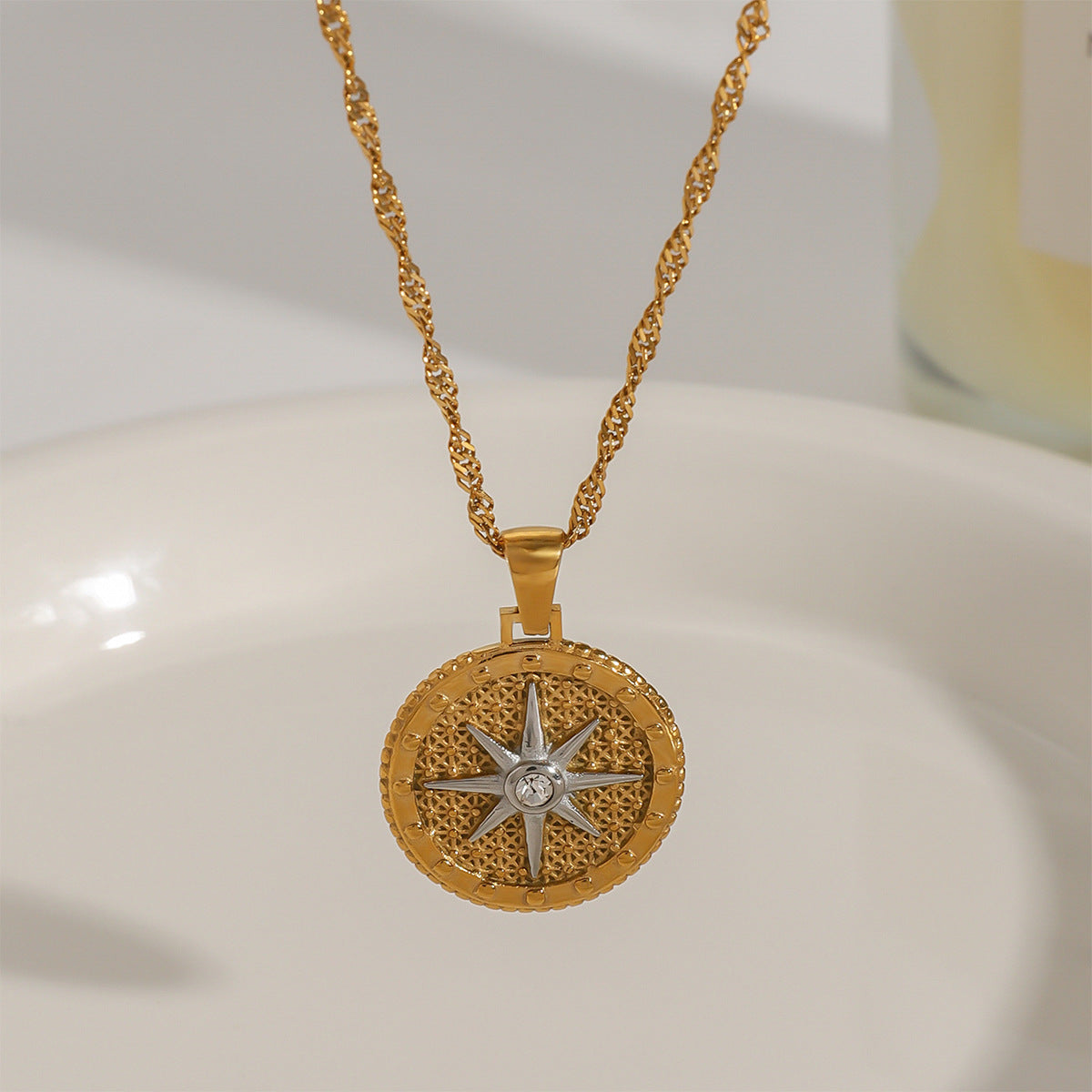 Gold Star Pendant Necklace with Textured Design – Waterproof, Hypoallergenic Stainless Steel, 16-Inch Length