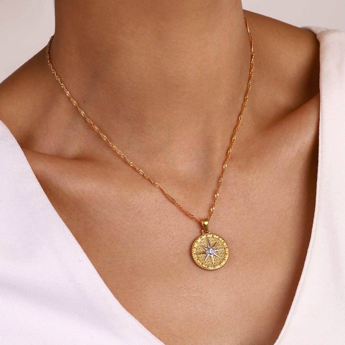 Gold Star Pendant Necklace with Textured Design – Waterproof, Hypoallergenic Stainless Steel, 16-Inch Length