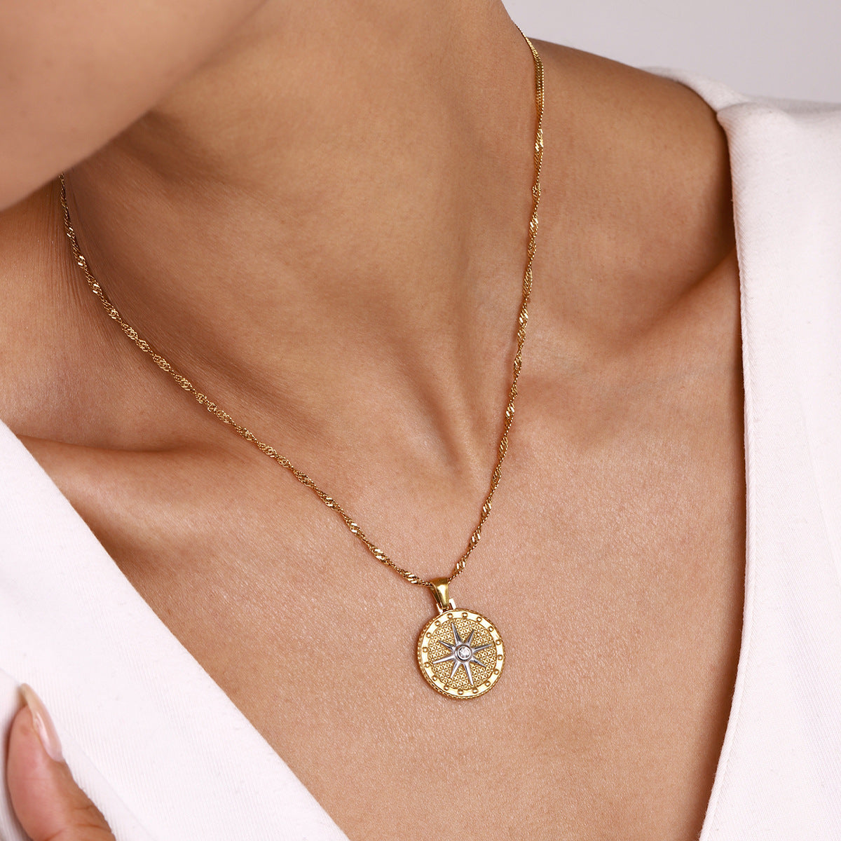 Gold Star Pendant Necklace with Textured Design – Waterproof, Hypoallergenic Stainless Steel, 16-Inch Length