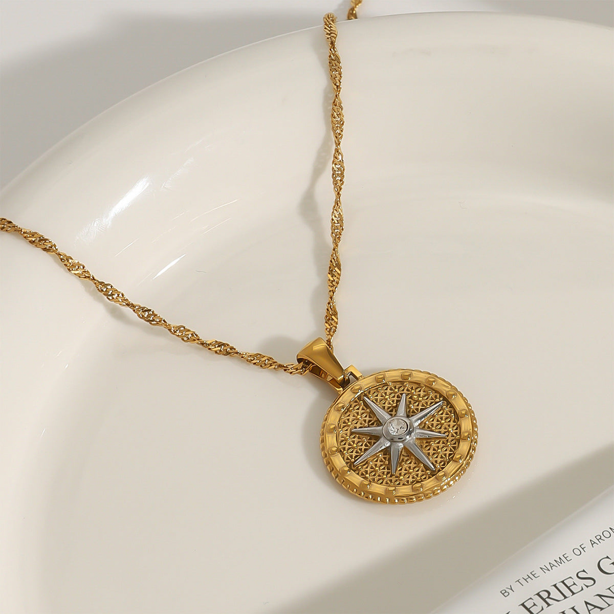 Gold Star Pendant Necklace with Textured Design – Waterproof, Hypoallergenic Stainless Steel, 16-Inch Length