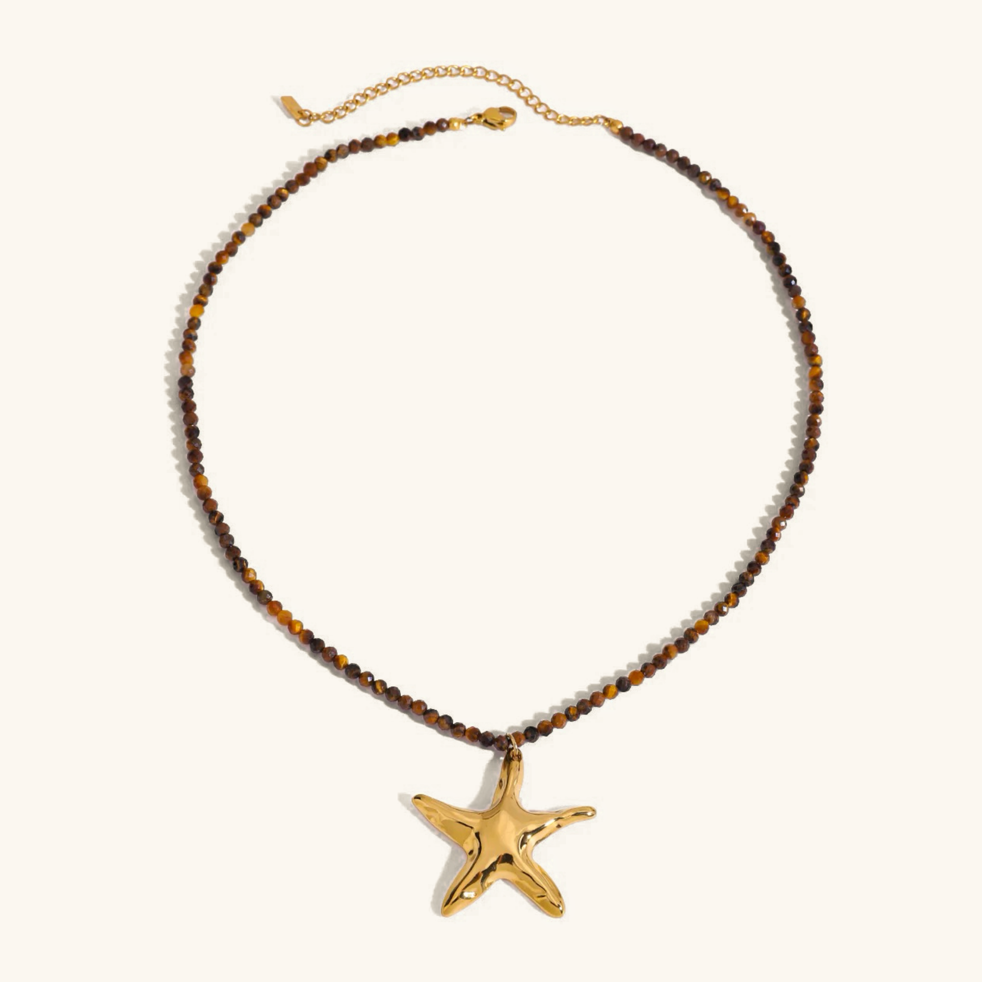 Gold Starfish Pendant Necklace with Earthy Beads – Waterproof, Hypoallergenic Jewelry for Women, 16-Inch Adjustable Length