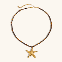 Load image into Gallery viewer, Gold Starfish Pendant Necklace with Earthy Beads – Waterproof, Hypoallergenic Jewelry for Women, 16-Inch Adjustable Length
