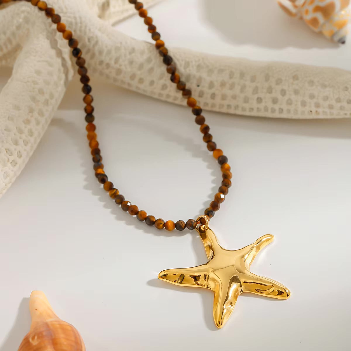 Gold Starfish Pendant Necklace with Earthy Beads – Waterproof, Hypoallergenic Jewelry for Women, 16-Inch Adjustable Length
