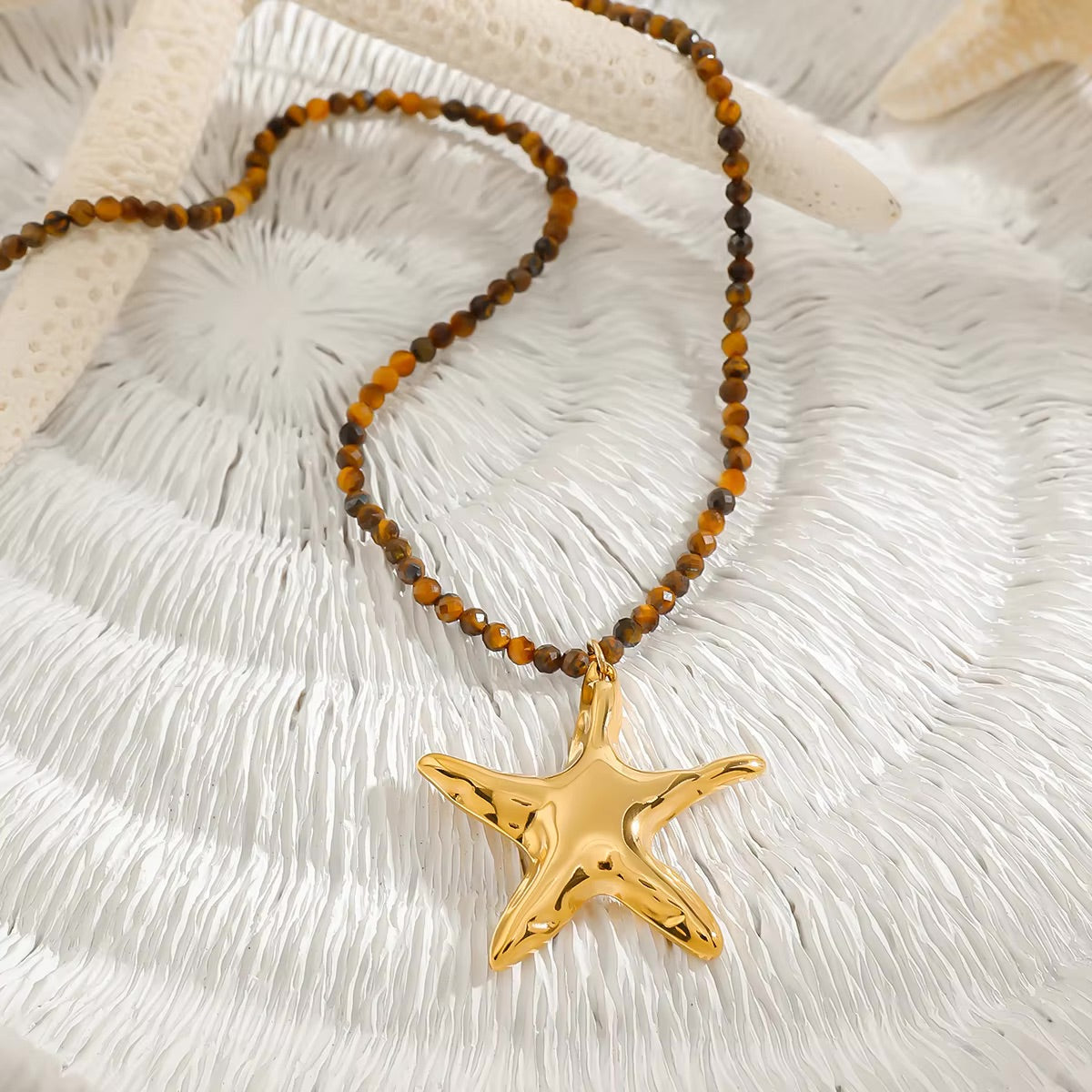 Gold Starfish Pendant Necklace with Earthy Beads – Waterproof, Hypoallergenic Jewelry for Women, 16-Inch Adjustable Length