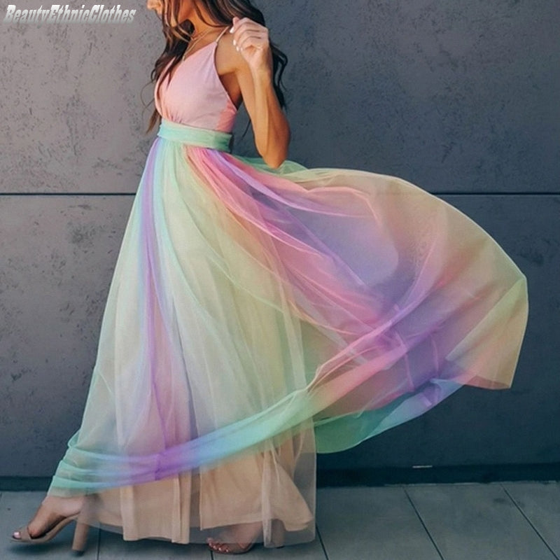 Women's Halter Dress Rainbow Gradient Spaghetti Strap Polyester