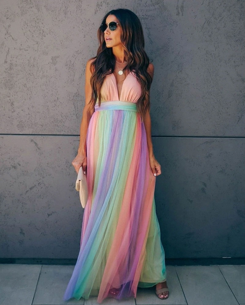 Women's Halter Dress Rainbow Gradient Spaghetti Strap Polyester