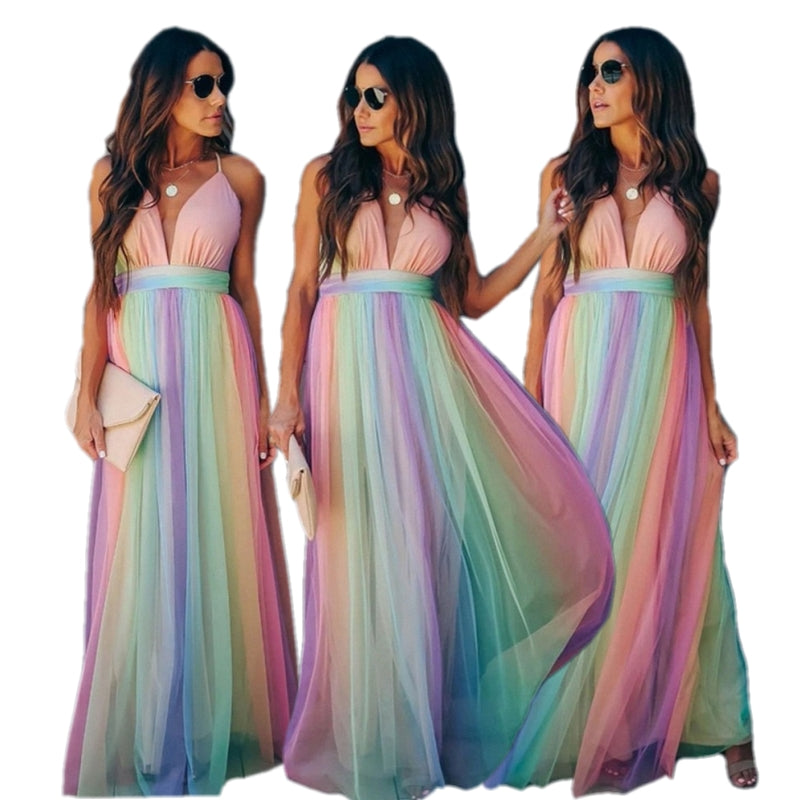 Women's Halter Dress Rainbow Gradient Spaghetti Strap Polyester