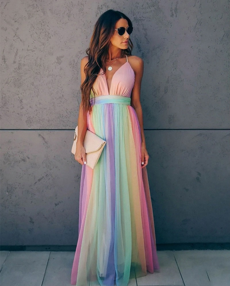 Women's Halter Dress Rainbow Gradient Spaghetti Strap Polyester