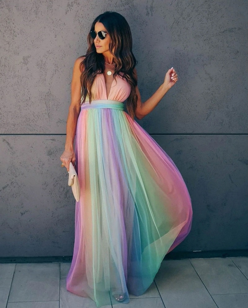 Women's Halter Dress Rainbow Gradient Spaghetti Strap Polyester