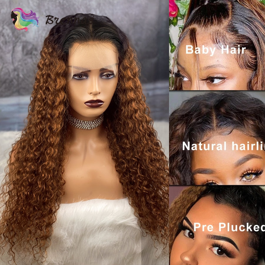 Ombre Curly Lace Front Human Hair Wigs For Women Bleached Knots Density180 Preplucked 13x4 Brazilian Hair Curly Lace Frontal Wig