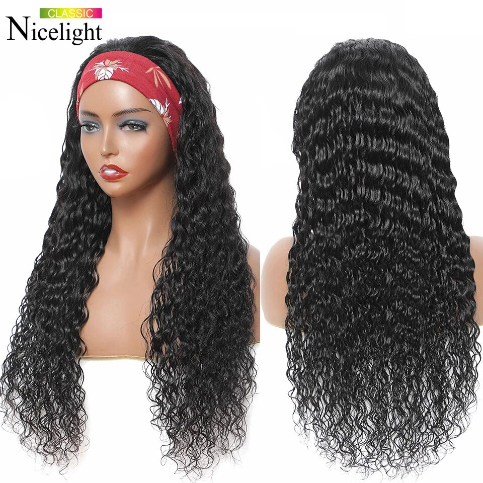 Nicelight Peruvian Hair Headband Wig Pre-Attached Scarf Machine Made Wig For Women Scarf Wig No Glue Deep Wave Human Hair Wigs