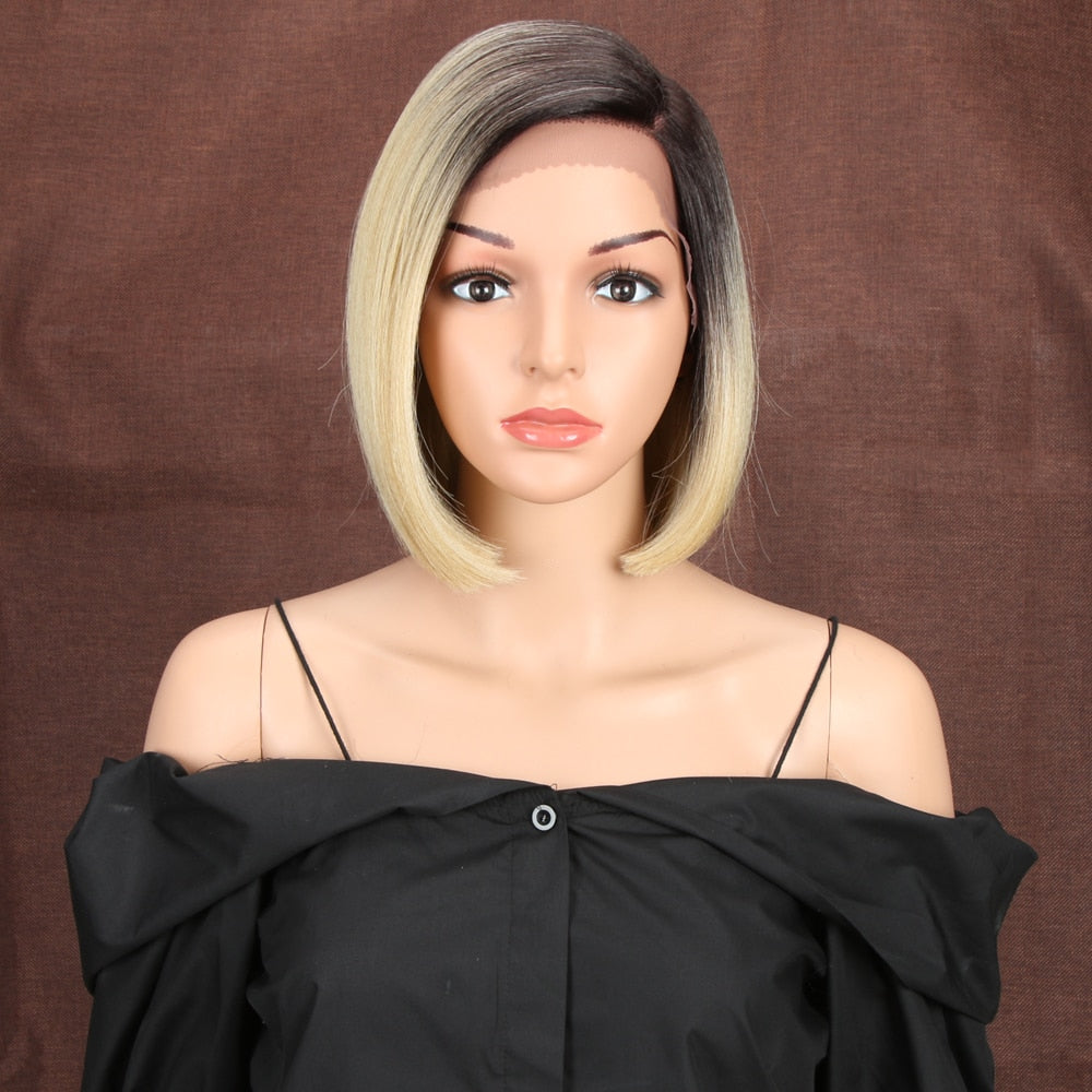 Bella  Synthetic Short Wig Bob Lace Wig10 Inch Omber Blonde 613 Brown Red Bob Straight Hair Side Part Wigs For Woman Cosplay