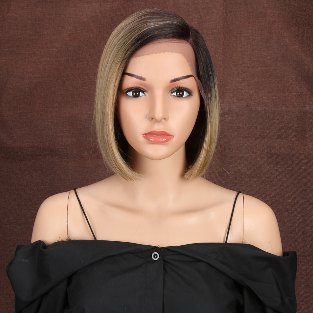 Bella  Synthetic Short Wig Bob Lace Wig10 Inch Omber Blonde 613 Brown Red Bob Straight Hair Side Part Wigs For Woman Cosplay