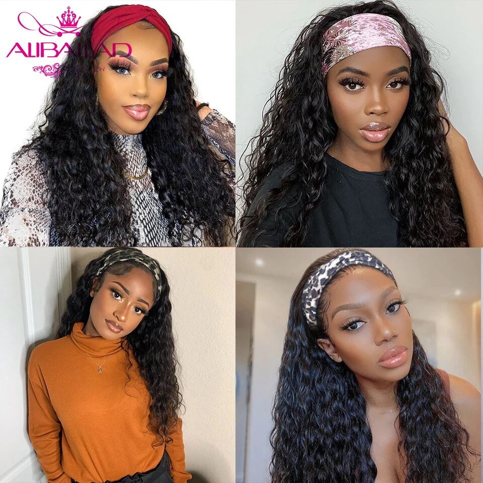 Headband Wig Human Hair Water Wave Glueless Brazilian Remy Wate Curly Headband Half Wigs For Black Women 150% 30 to 36 Inch