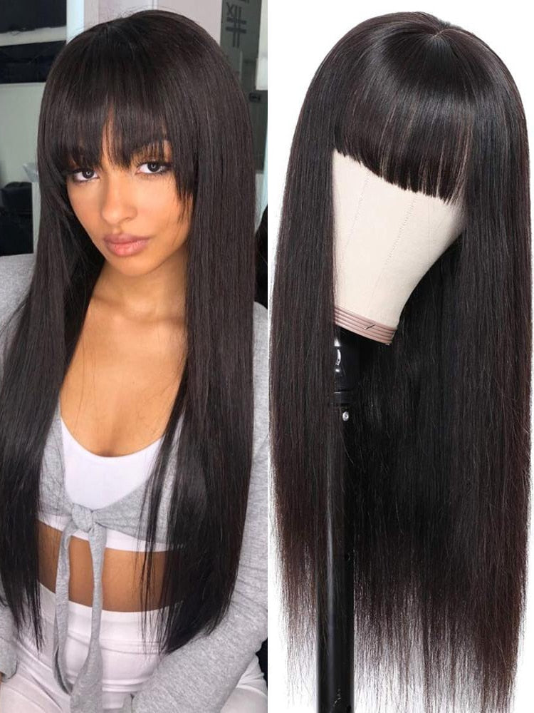 Human Hair Wigs with Bangs Bone Straight Short Bob Hair 100% Cheap Long Fringe Wig Human Hair For Black Women Brazilian Remy Wig