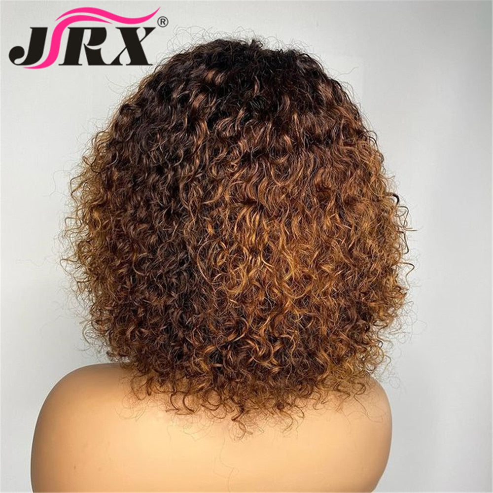 Jerry Curly Human Hair Wigs with Bangs Full Machine Made Wigs Highlight Honey Blonde Colored Wigs For Women Peruvian Remy Hair