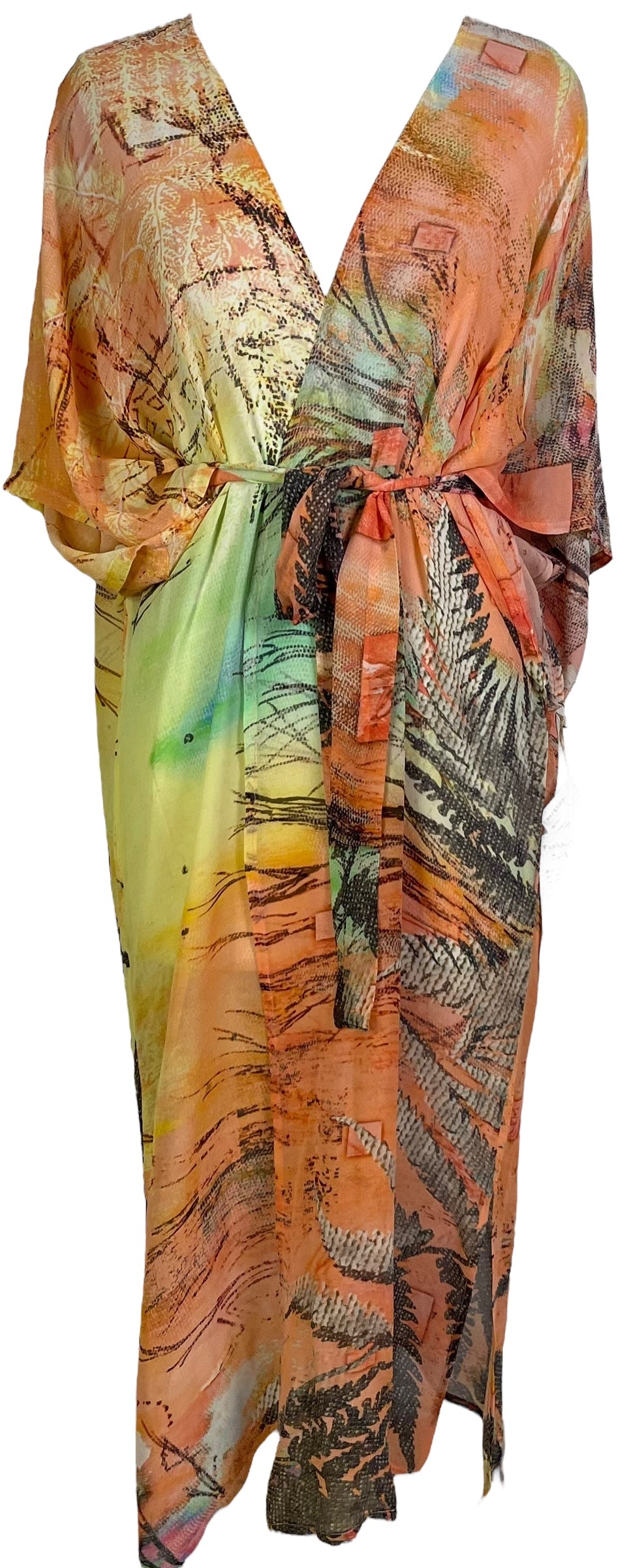 SOLD  PRG6814 Sheer Avatar Long Pure Silk Kimono Sleeved Duster with Belt