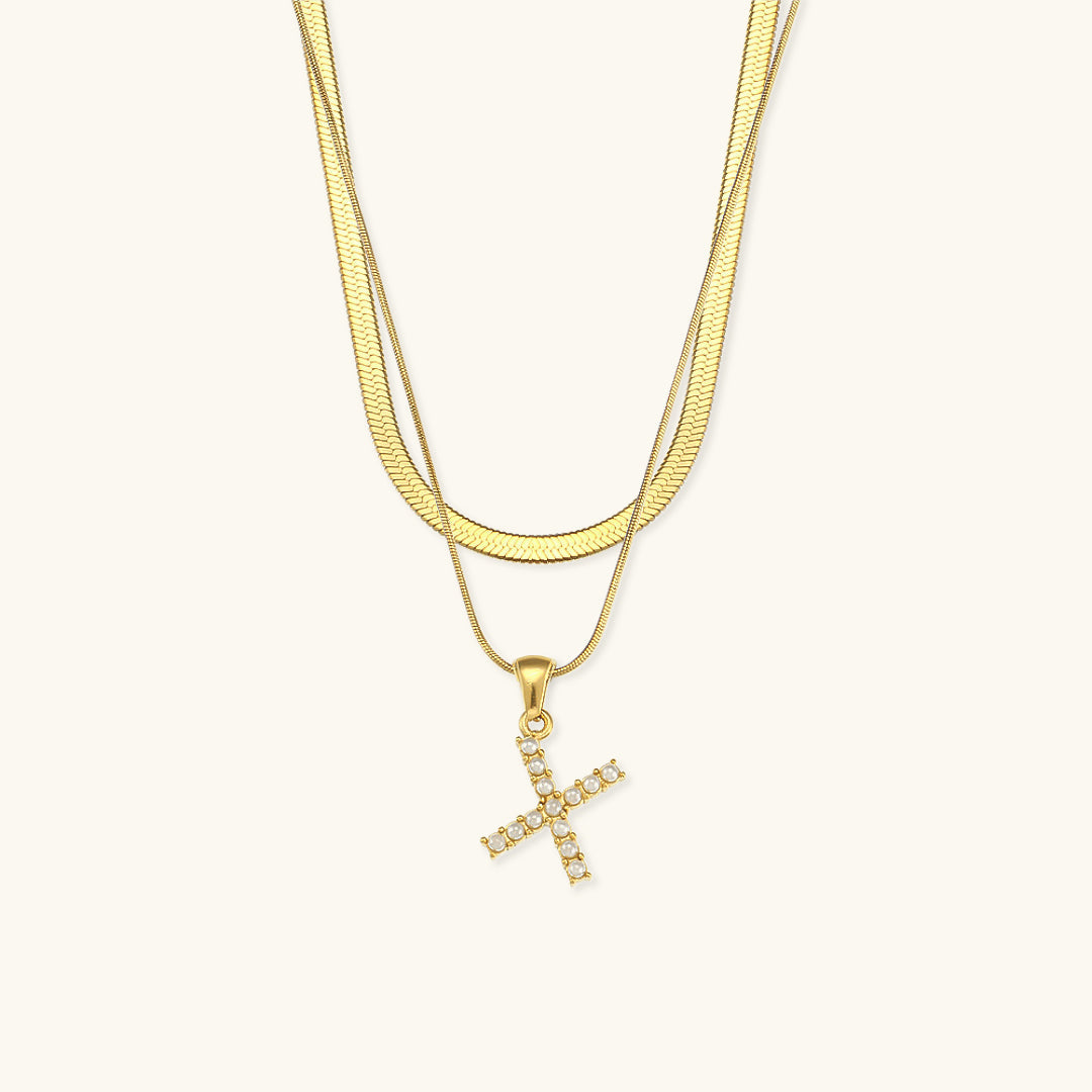 Layered Gold Initial Necklace with Freshwater Pearls – Waterproof and Hypoallergenic Gold Chain Jewelry for Women