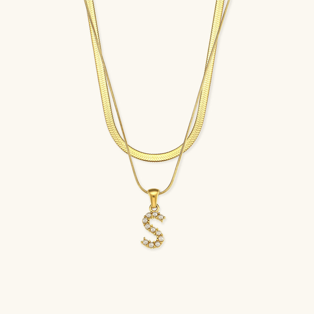 Layered Gold Initial Necklace with Freshwater Pearls – Waterproof and Hypoallergenic Gold Chain Jewelry for Women