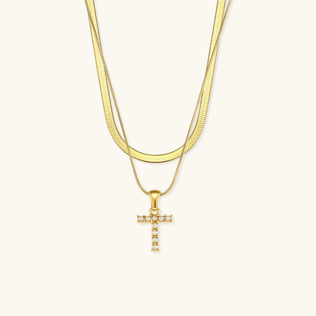 Layered Gold Initial Necklace with Freshwater Pearls – Waterproof and Hypoallergenic Gold Chain Jewelry for Women
