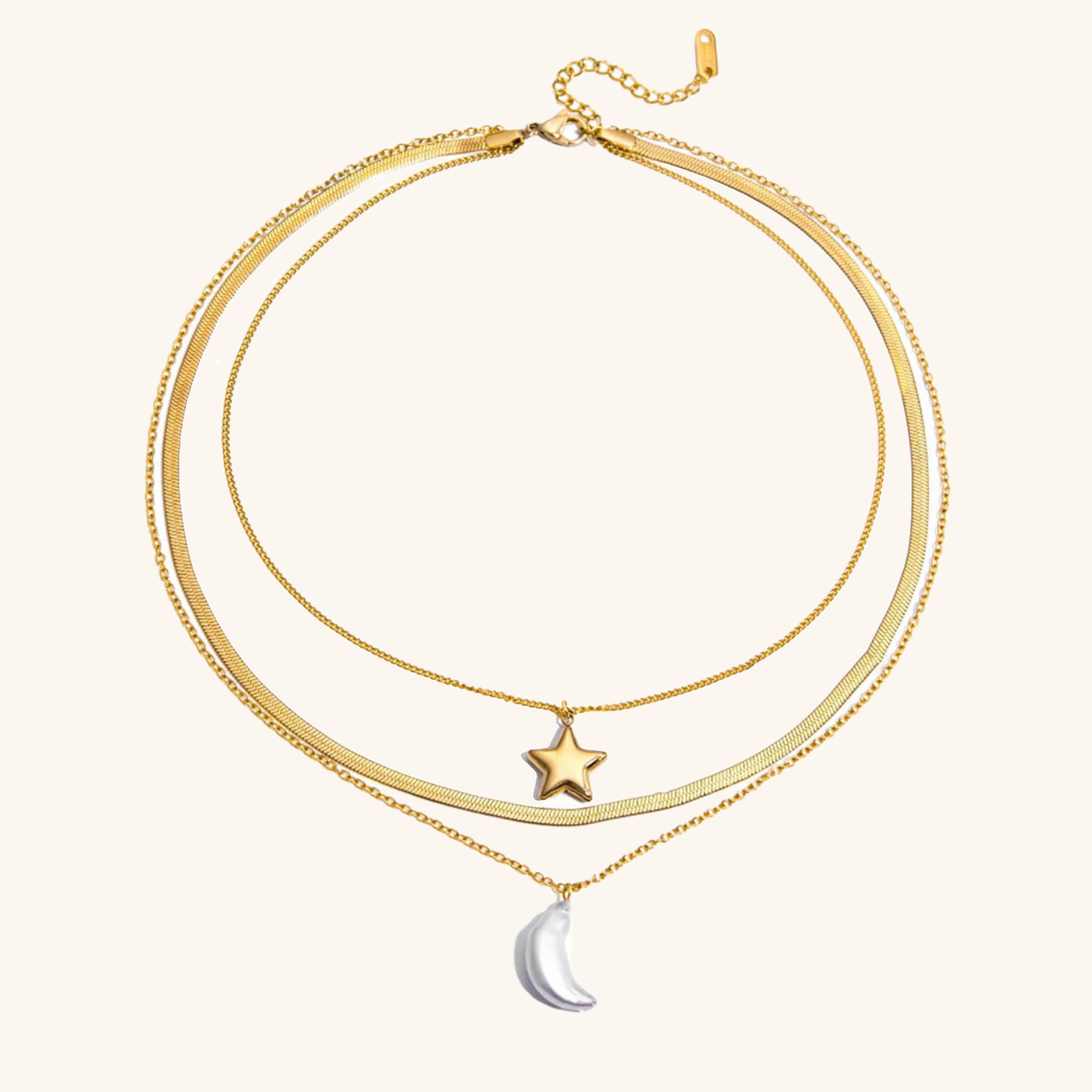 Layered Gold Necklace with Sun and Moon Charms, Waterproof Hypoallergenic Jewelry for Women