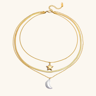 Layered Gold Necklace with Sun and Moon Charms, Waterproof Hypoallergenic Jewelry for Women