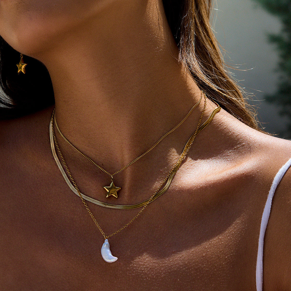 Layered Gold Necklace with Sun and Moon Charms, Waterproof Hypoallergenic Jewelry for Women