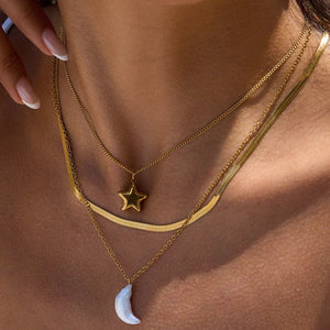Layered Gold Necklace with Sun and Moon Charms, Waterproof Hypoallergenic Jewelry for Women