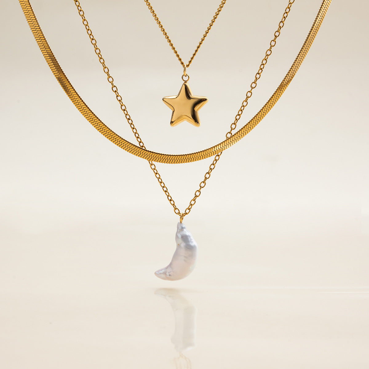 Layered Gold Necklace with Sun and Moon Charms, Waterproof Hypoallergenic Jewelry for Women